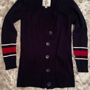 Y2K Navy Cardigan with Red/White Sleeve Stripes
